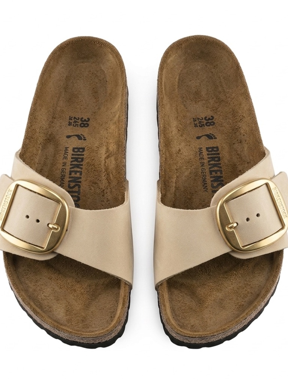 Birkenstock Madrid Big Buckle Slide in Beige with Gold Buckle